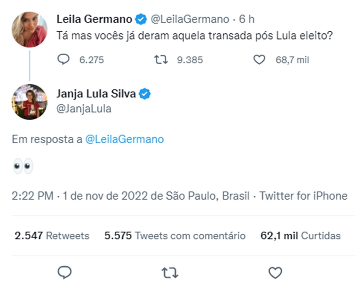 Internauta pergunta se Janja já deu 'aquela transada' com Lula eleito e ela responde com emoji