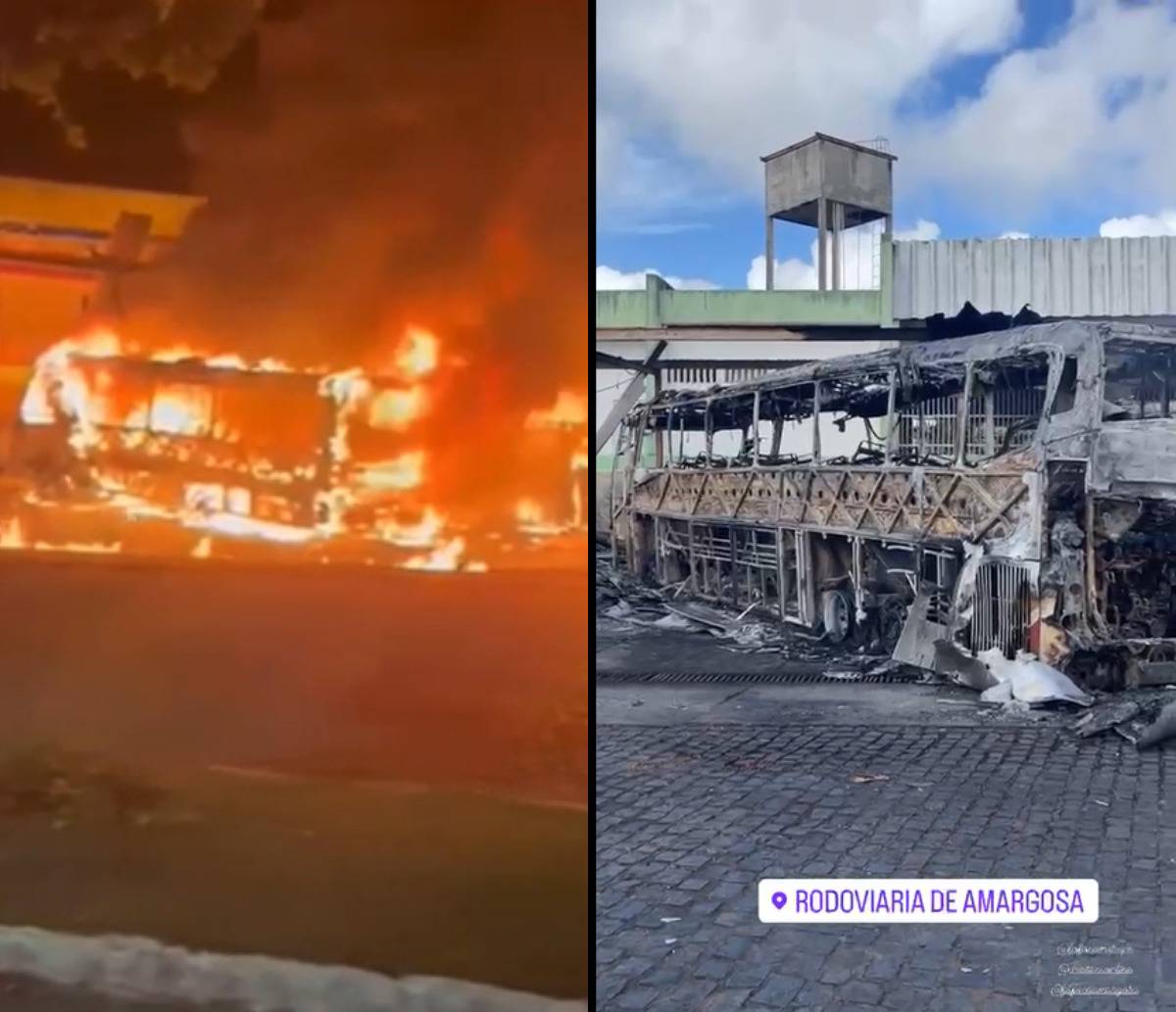 Incêndio atinge três ônibus no interior da Bahia; veja vídeo