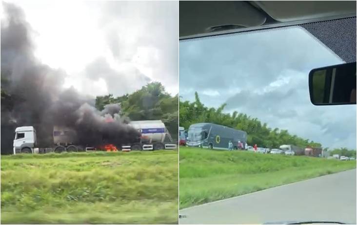 Caminhão de combustível pega fogo e engarrafa trânsito na BR-324