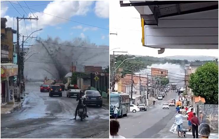 Adutora da Embasa rompe em Camaçari, alaga rua e assusta moradores; veja vídeos