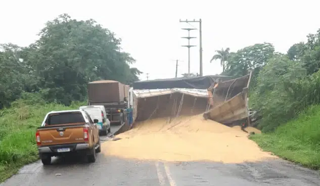 Carreta de soja é saqueada após motorista perder o controle da direção na BA-526, em Simões Filho