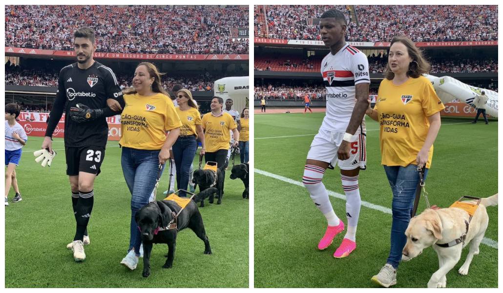 Jogadores do São Paulo entram em campo acompanhados por pessoas com deficiência visual e cães-guia; veja fotos