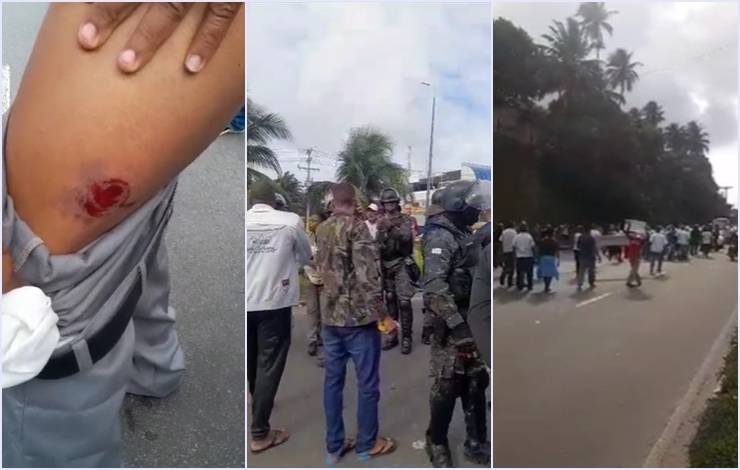 Rodoviários acusam polícia de usar bomba de efeito moral em protesto; um ficou ferido