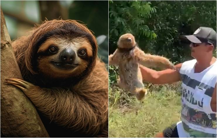 Homem ajuda bicho-preguiça em estrada no sul da Bahia para evitar atropelamento do animal