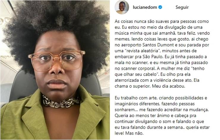 Cantora relata que teve cabelo black revistado em aeroporto: 'Aterrorizada com a violência desse ato'