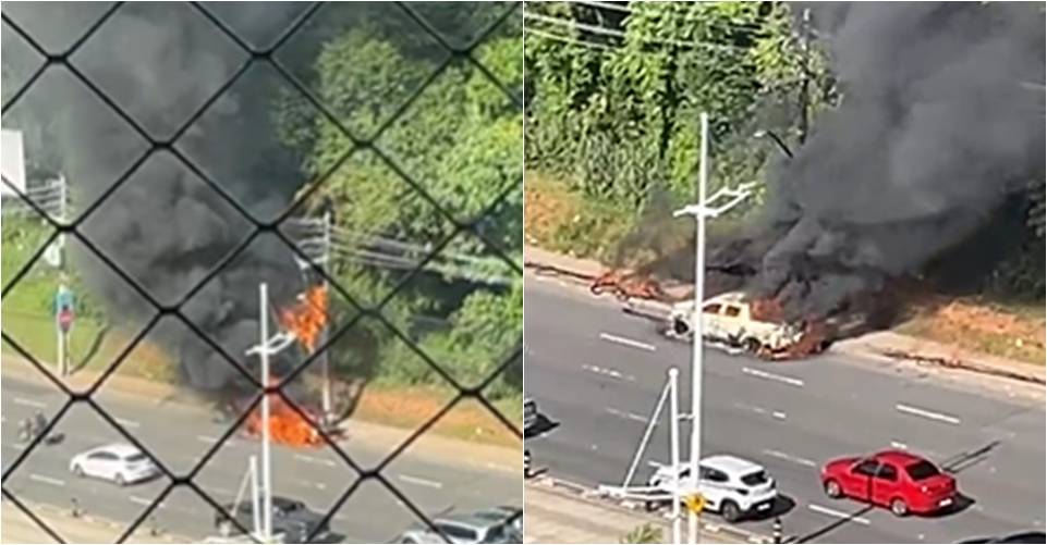 Carro pega fogo e trânsito fica congestionado na Avenida ACM