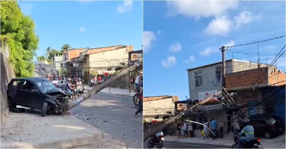 Carro derruba poste no bairro de Mata Escura, em Salvador