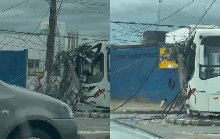 Estrada do Coco: ônibus bate em poste e causa engarrafamento na região; vídeo