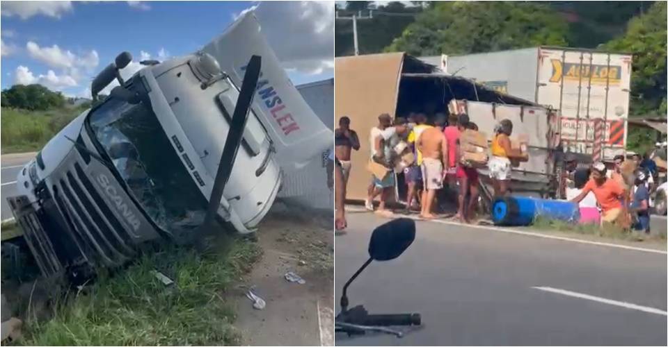 VÍDEO: Caminhão com eletrodomésticos tomba na BR 116 e carga é saqueada