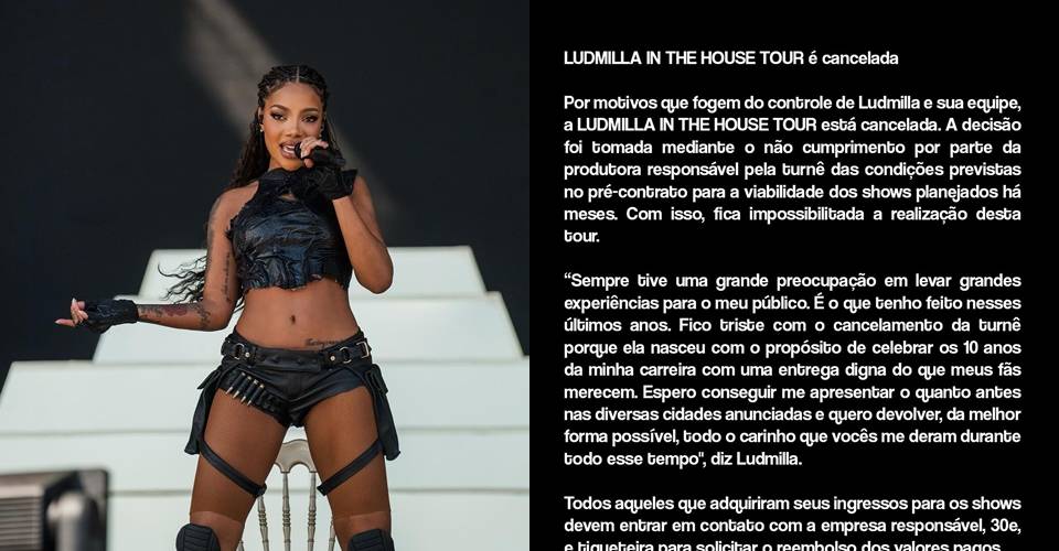 Ludmilla anuncia cancelamento da turnê 'IN THE HOUSE TOUR'; cantora faria show em Salvador