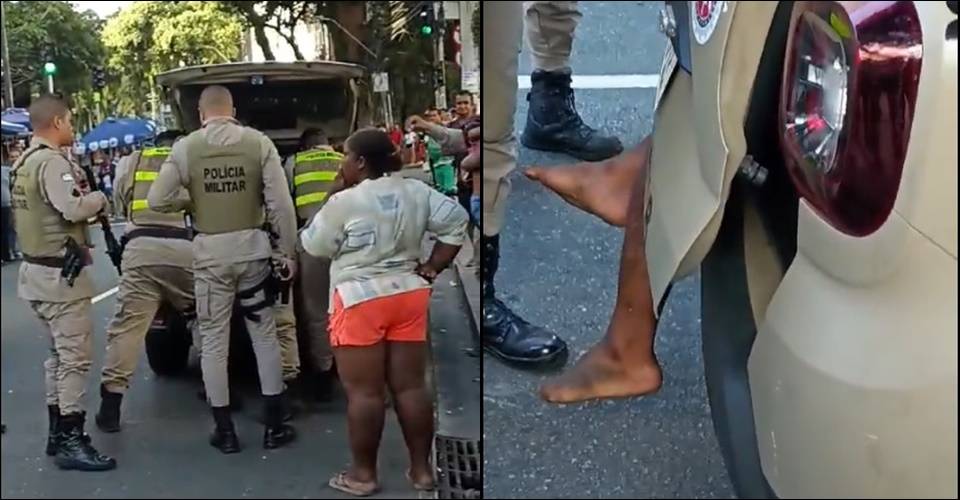 Homem filma PMs agredindo jovem na Praça da Piedade; policiais prenderam perna do rapaz na viatura