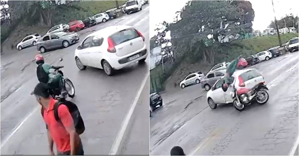 Vídeo registra acidente impressionante entre carro e moto na BR-324; assista