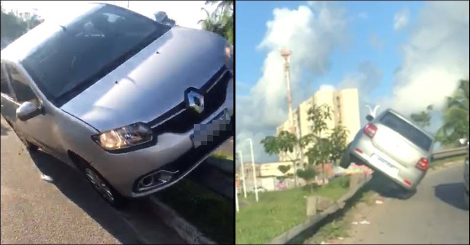 Motorista perde controle e carro sobe em grade de proteção no viaduto de São Cristóvão