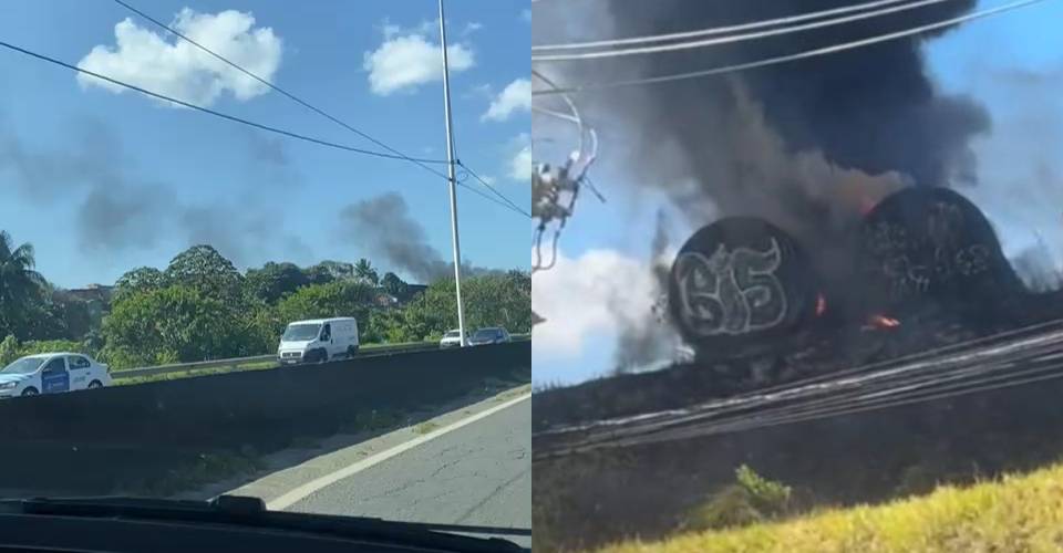 Incêndio atinge antiga fábrica de asfalto da prefeitura na BR-324; veja vídeo