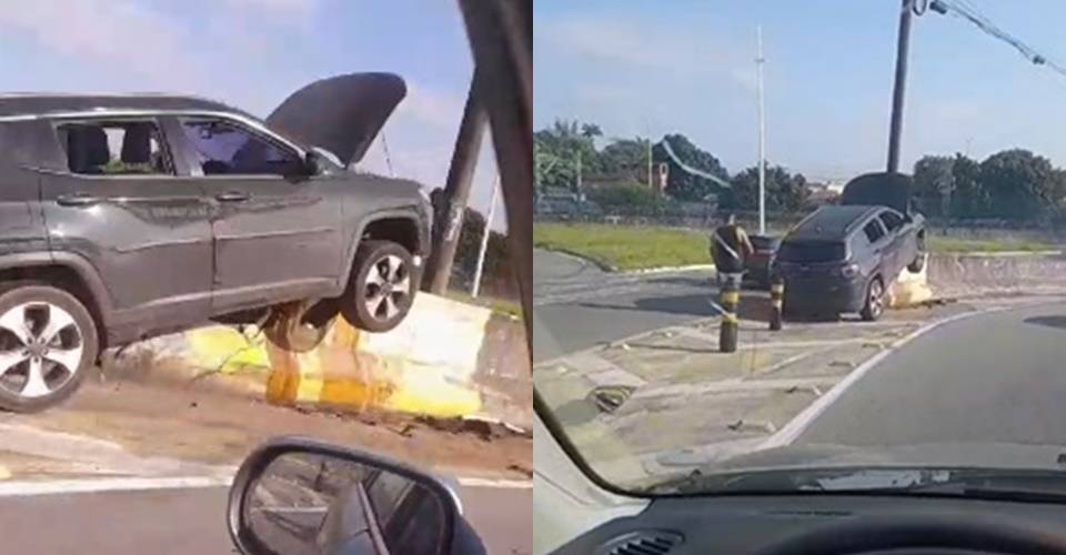 Motorista perde controle de carro e atinge bloco de concreto no viaduto de Stella Maris