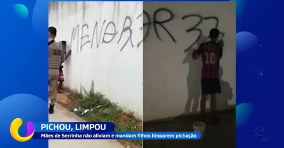 Policiais militares obrigam jovens a limpar pichação em muro de escola no interior