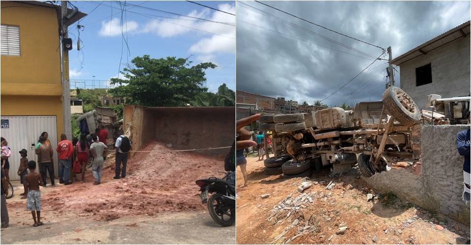 Caminhão carregado com areia tomba e mata uma pessoa em Simões Filho