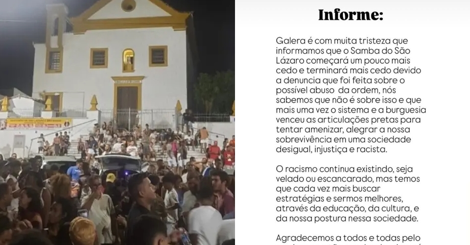 Samba de São Lázaro denuncia racismo após ter horário reduzido: 'Sociedade desigual, injusta'